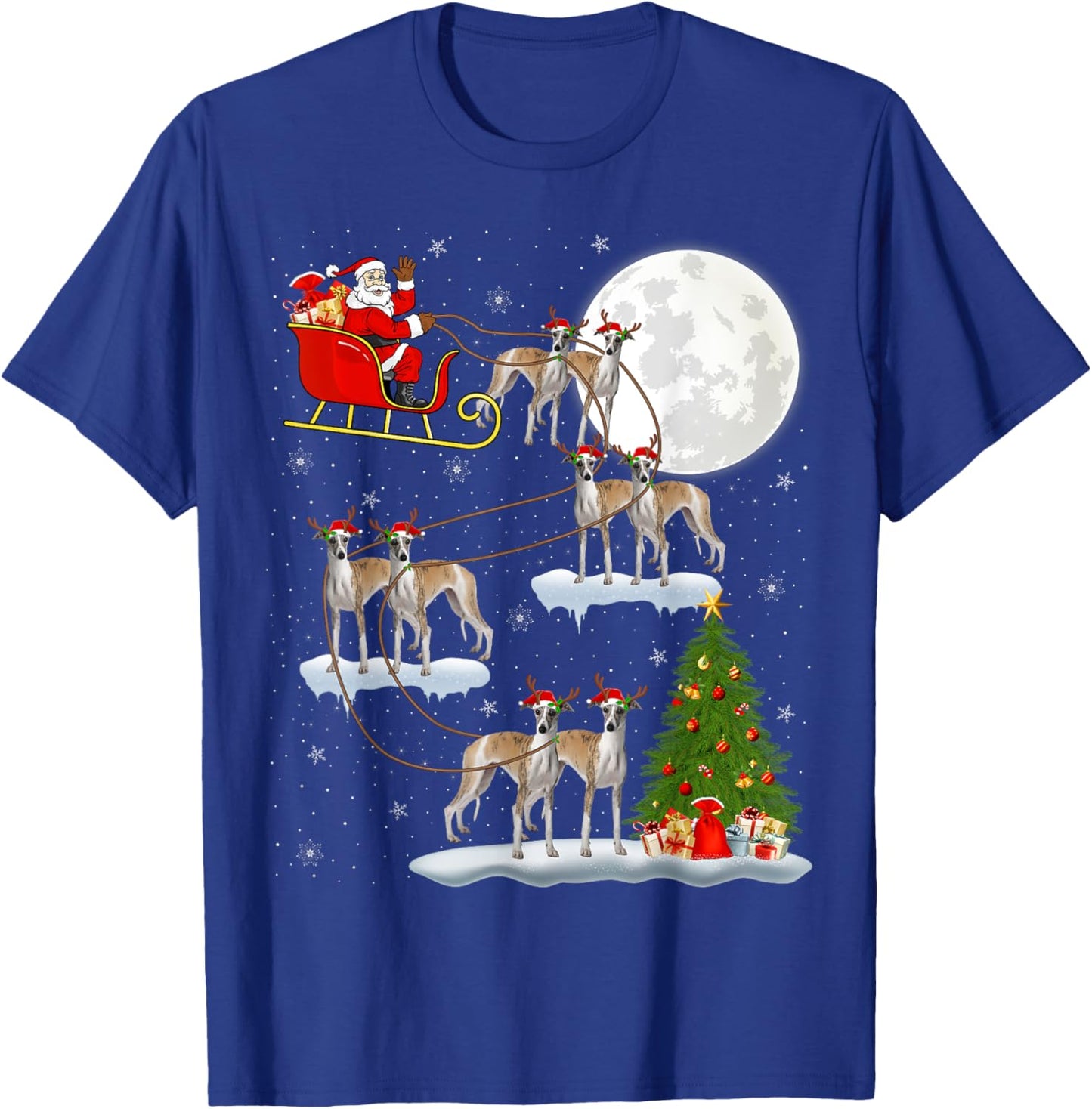 Xmas Tree Lights Funny Santa Riding Whippet Dog Christmas T-Shirt - T-Shirt | Royal