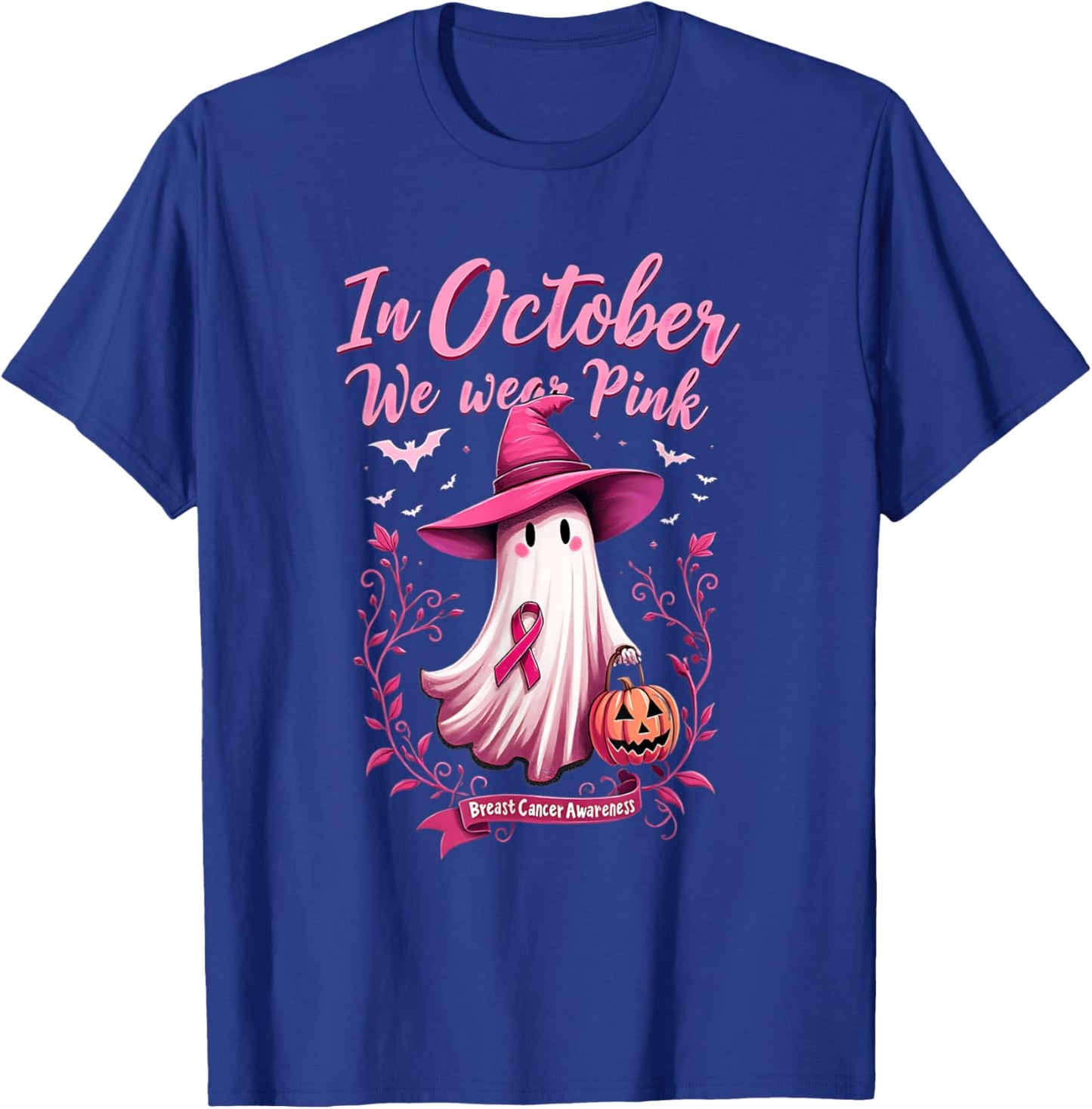 Cute We Wear Pink Ghost Witch Hat Breast Cancer Awareness T-Shirt - T-Shirt | Royal