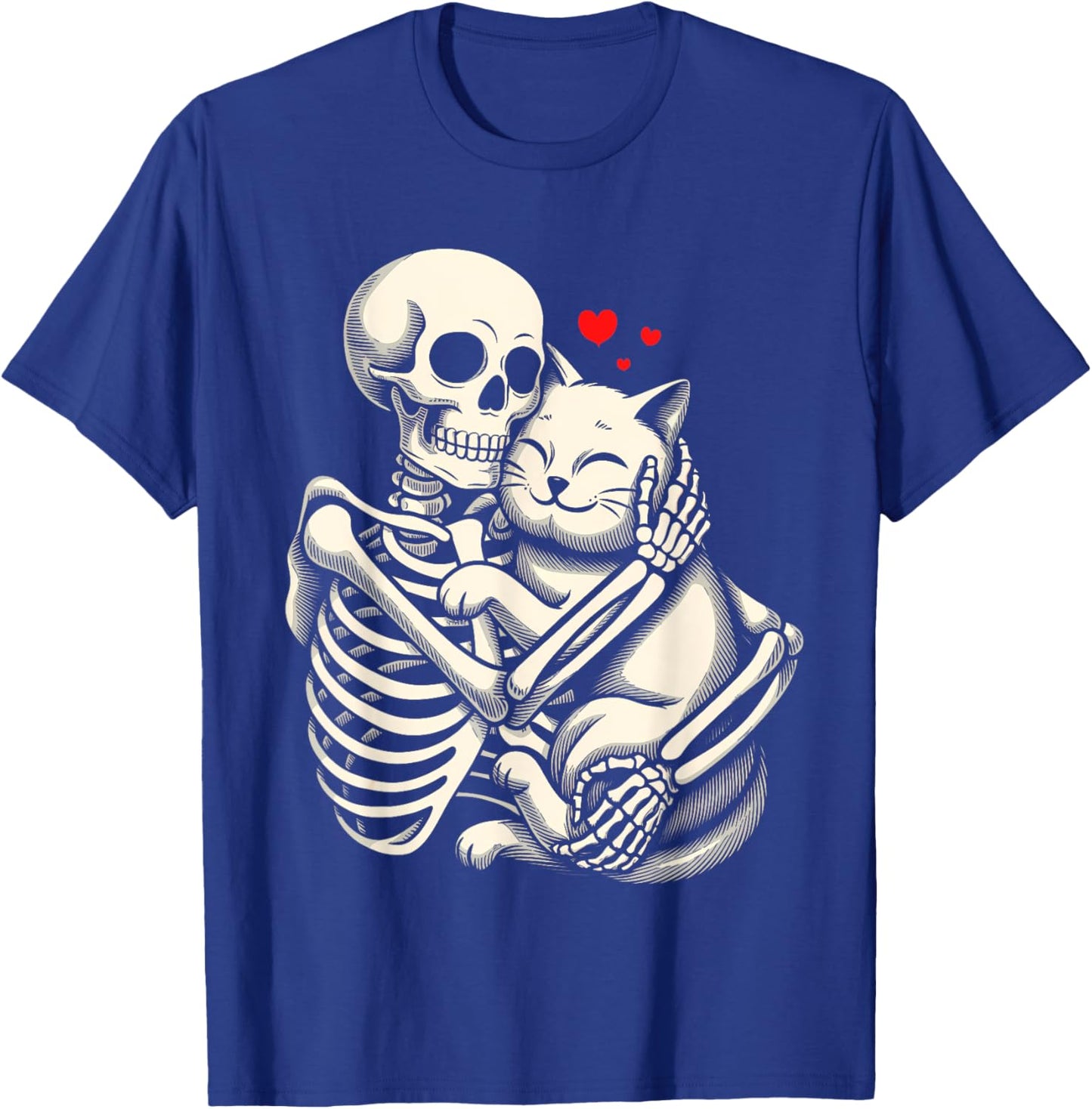 Skeleton Hugging Cat Halloween Cat Lover Cat Mom Dad Women Kids T-Shirt - T-Shirt | Royal