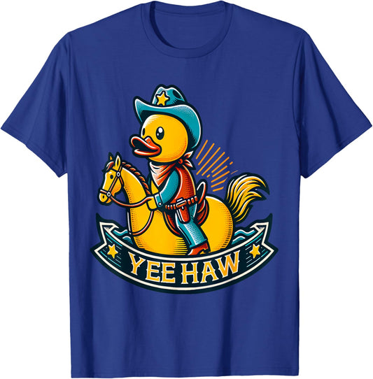 Cowboy Duck riding Horse Yeehaw Wild West Rubber Duck T-Shirt - T-Shirt | Royal
