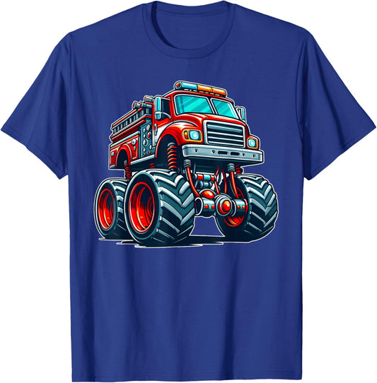 Big Wheels Fire Truck Firefighter Kids Boys Monster Truck T-Shirt - T-Shirt | Royal