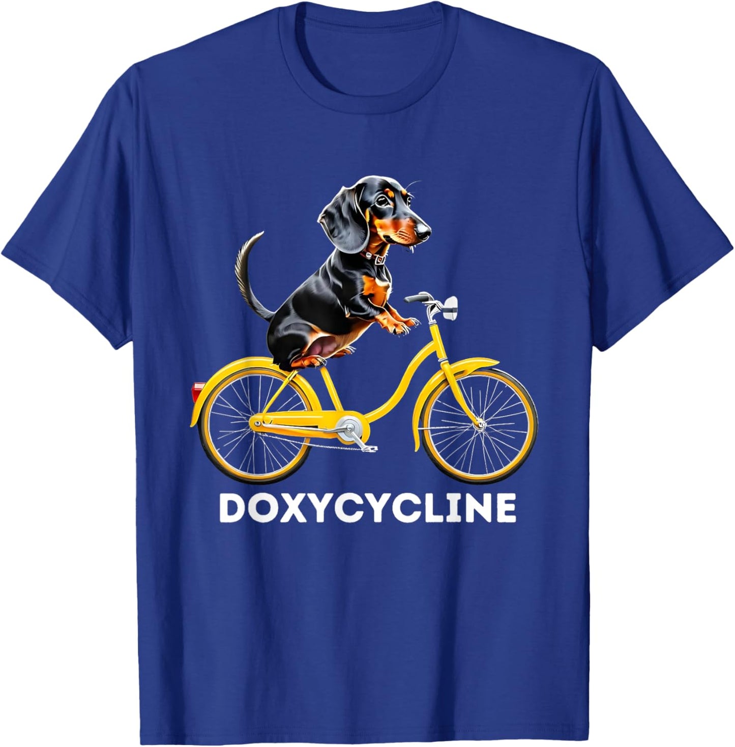 Dachshund on Bicycle Doxycycline Pharmacy Pun Dog Pharmacist T-Shirt - T-Shirt | Royal