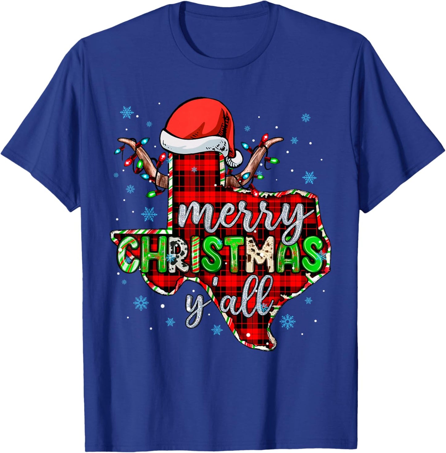 Funny Merry Christmas Y'all Texas State Red Plaid Santa Hat T-Shirt - T-Shirt | Royal