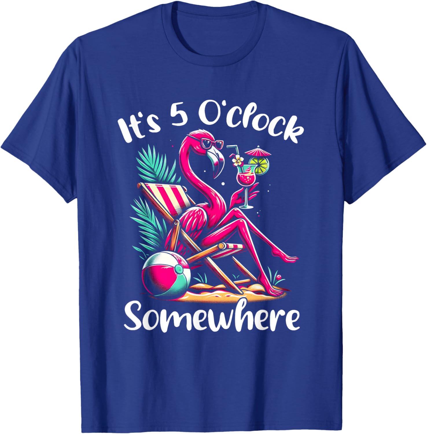 It's 5 O'clock Somewhere Flamingo Drinking Beach Vacation T-Shirt - T-Shirt | Royal