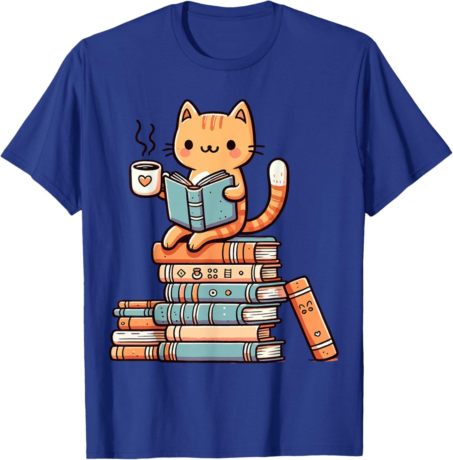 Kawaii Cat Coffee Books Teacher Men Women Girls Kids T-Shirt - T-Shirt | Royal