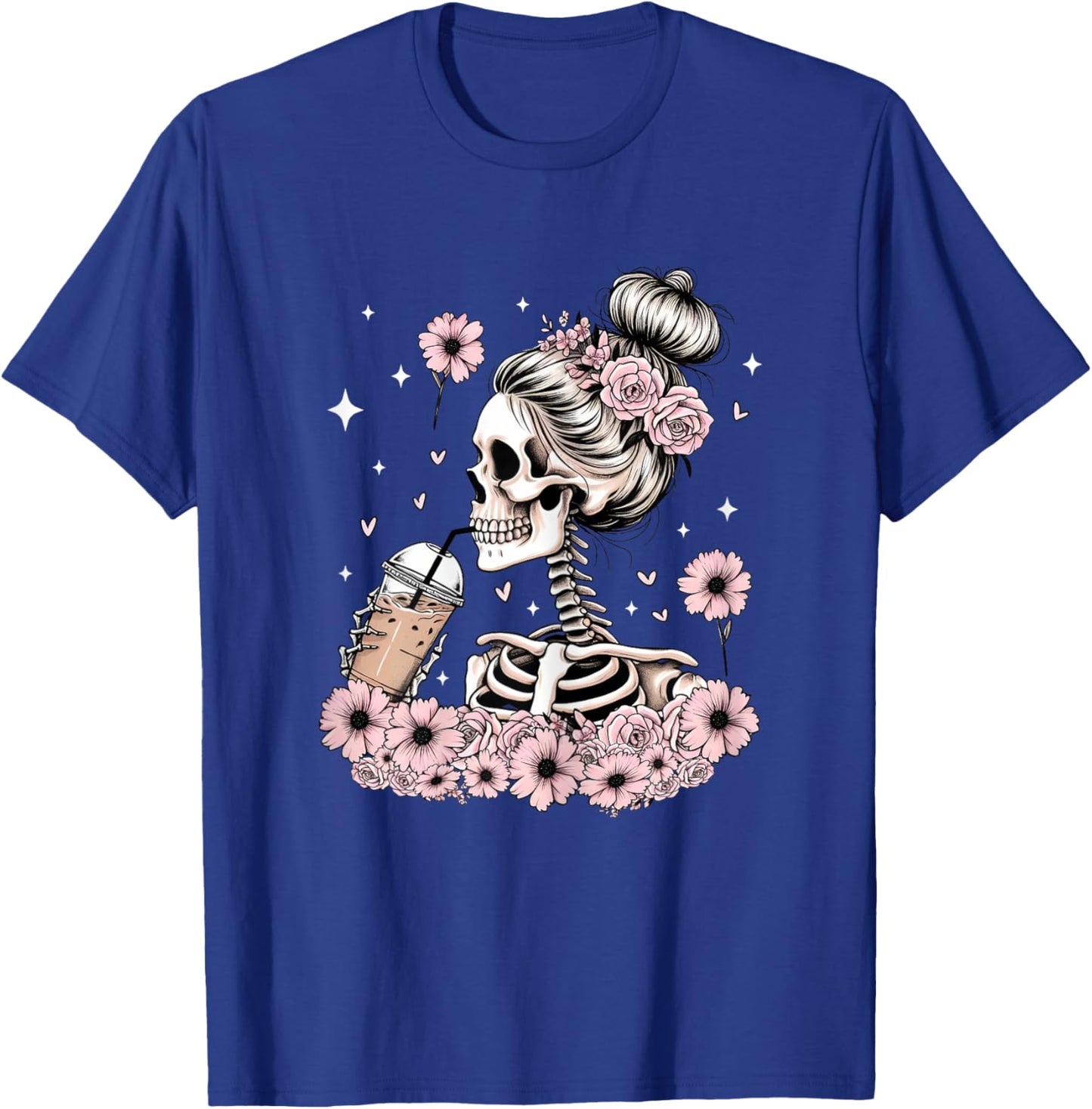 Halloween Skeleton Messy Bun Coffee Funny Costume Mom Women T-Shirt - T-Shirt | Royal