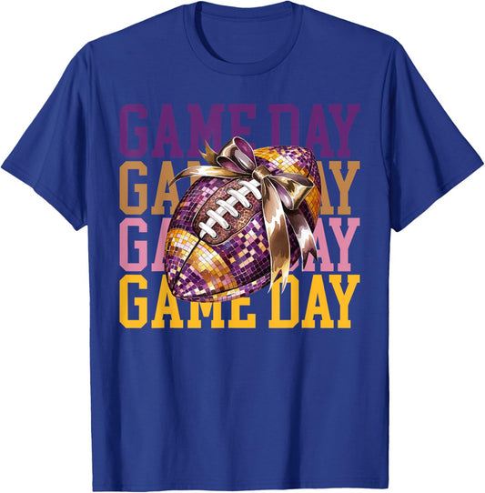 Coquette Bow Disco Funny Football Game Day Touchdown Season T-Shirt - T-Shirt | Royal