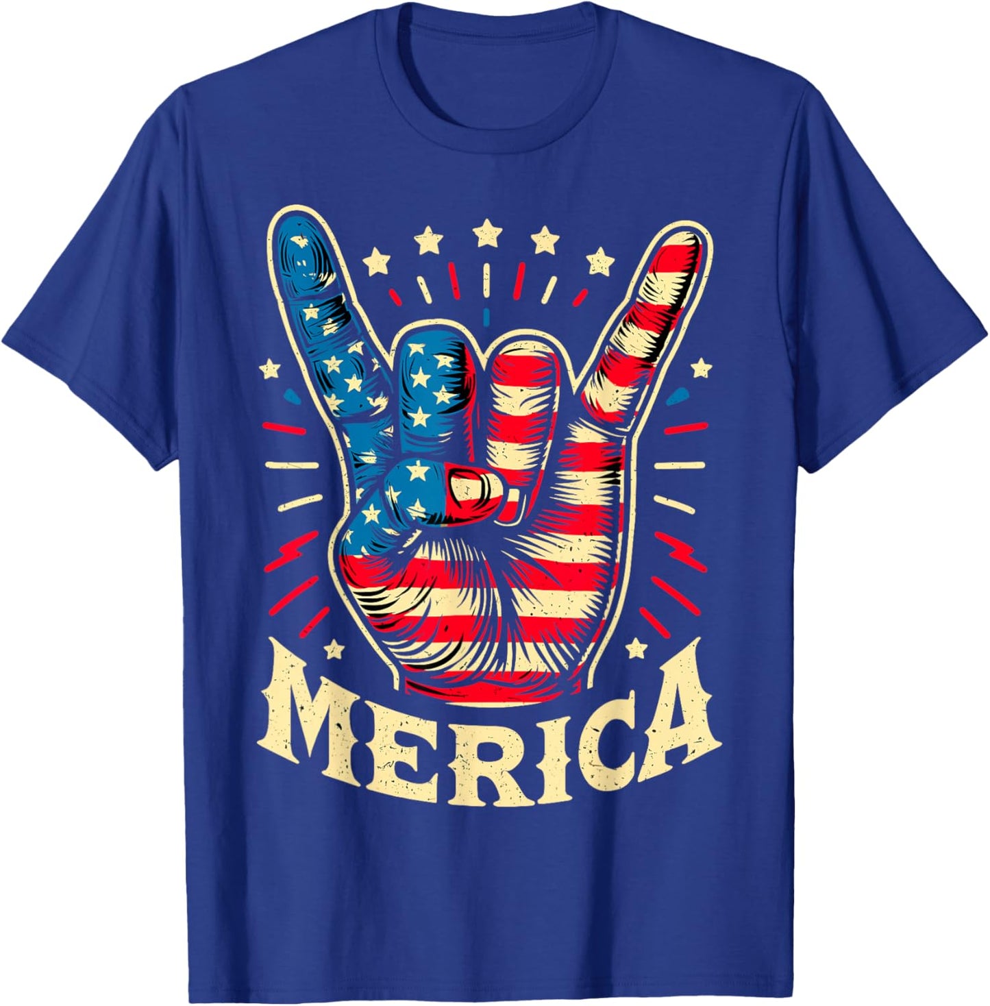 Merica 4th of July Rock and Roll USA Flag T-Shirt - T-Shirt | Royal