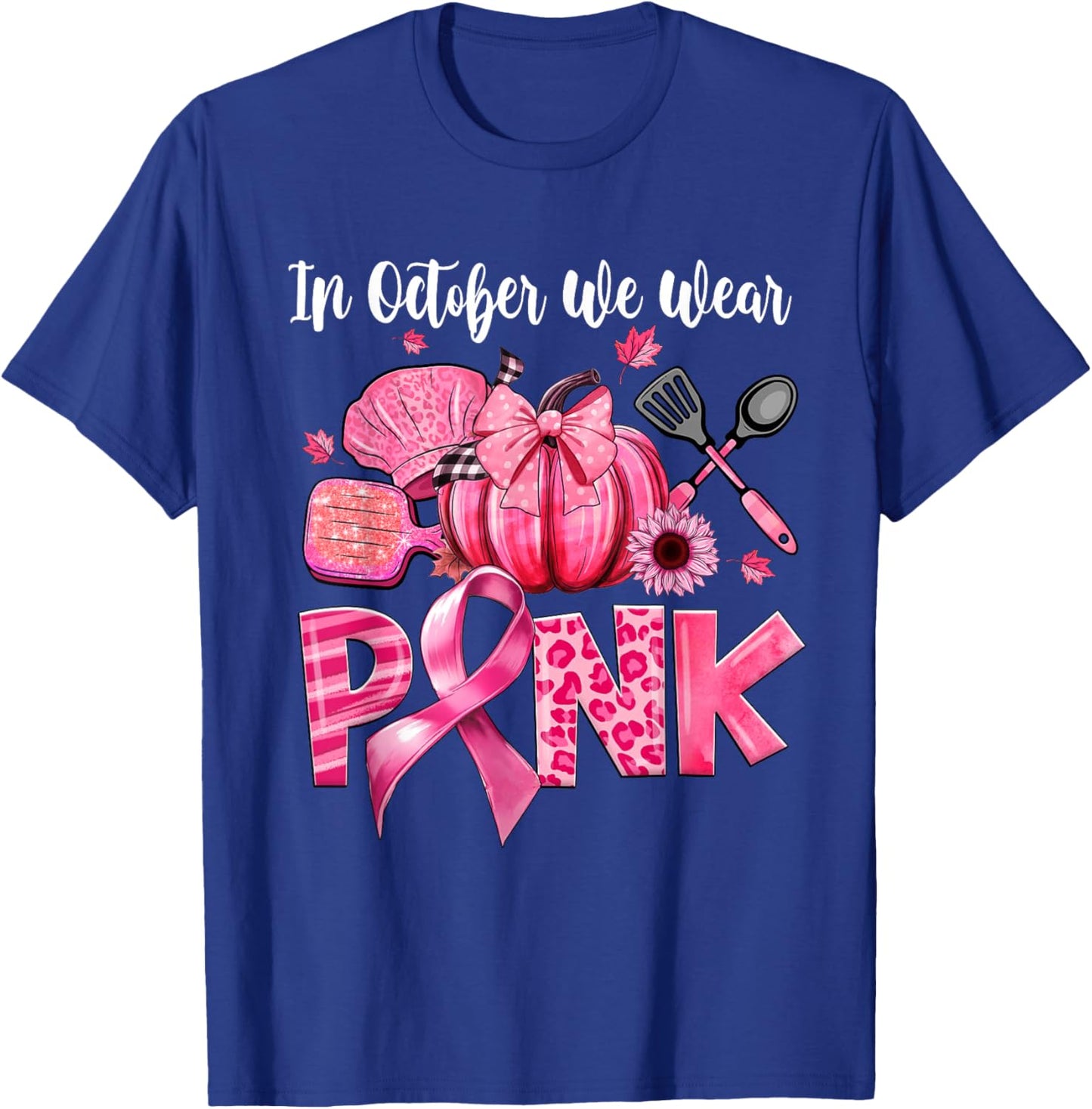In October We Wear Pink Lunch Lady Pumpkin Breast Cancer T-Shirt - T-Shirt | Royal