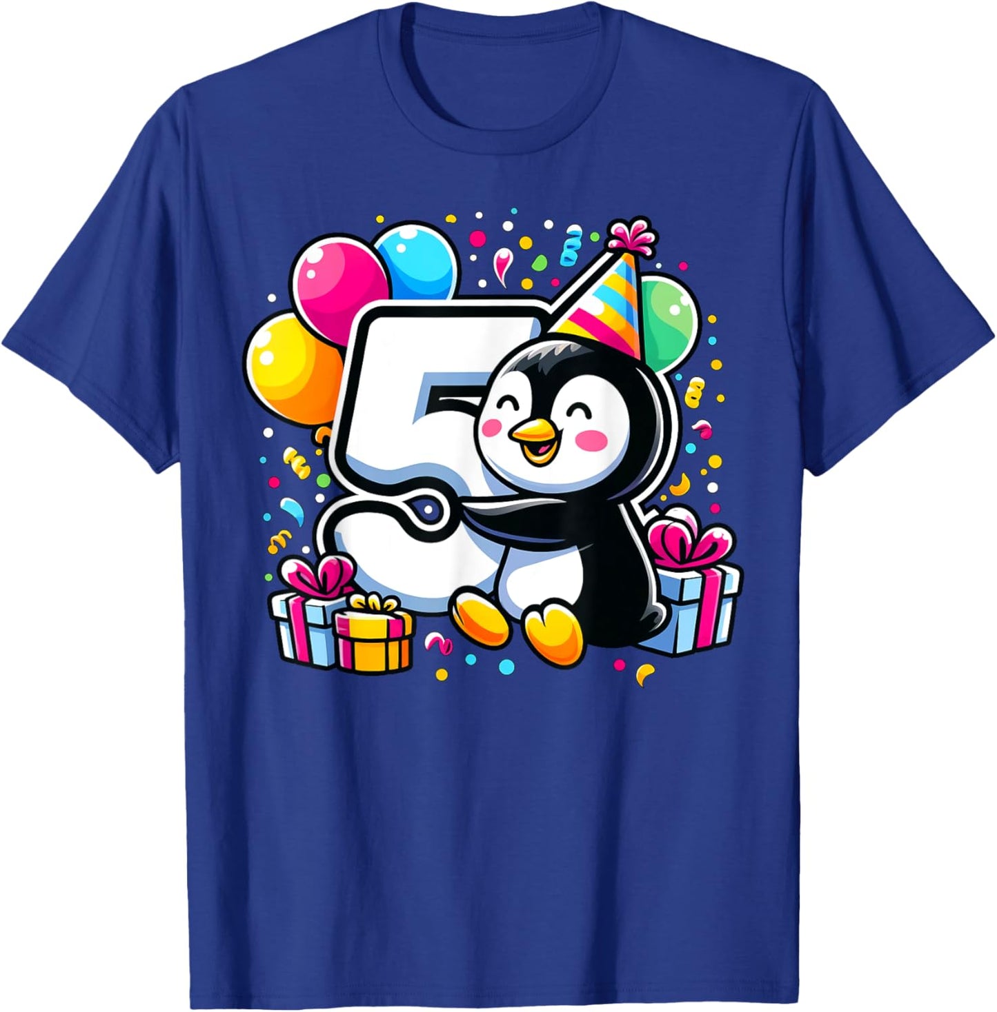 Kids Penguin Theme fifth Bday Party 5th Penguin Birthday T-Shirt - T-Shirt | Royal