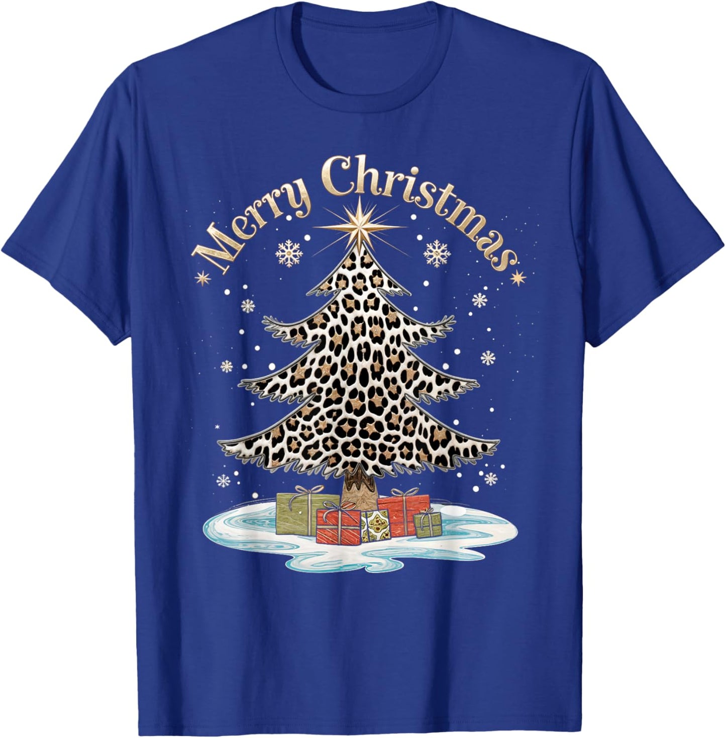 Merry Christmas Leopard Plaid Tree Snowflake Xmas T-Shirt - T-Shirt | Royal