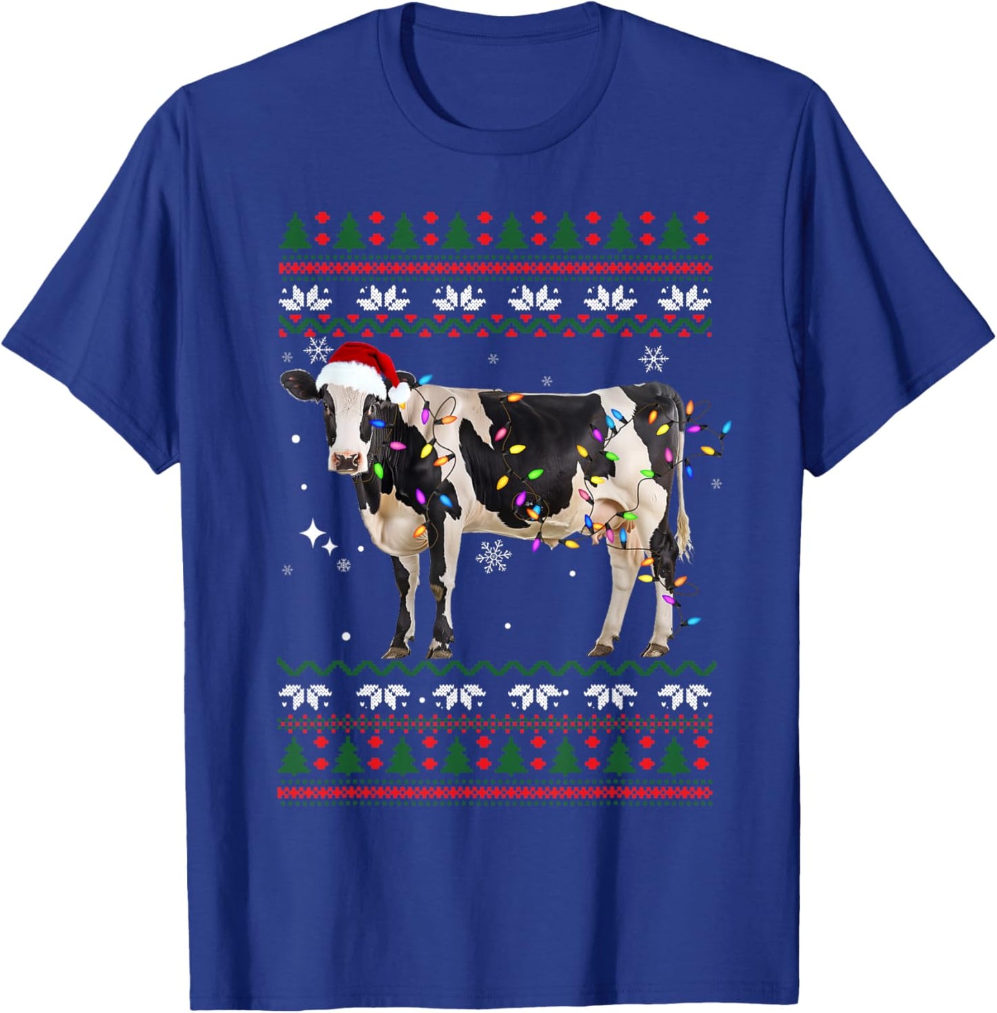 Funny Ugly Xmas Sweater Dairy Cow Farmer Lights Christmas T-Shirt - T-Shirt | Royal