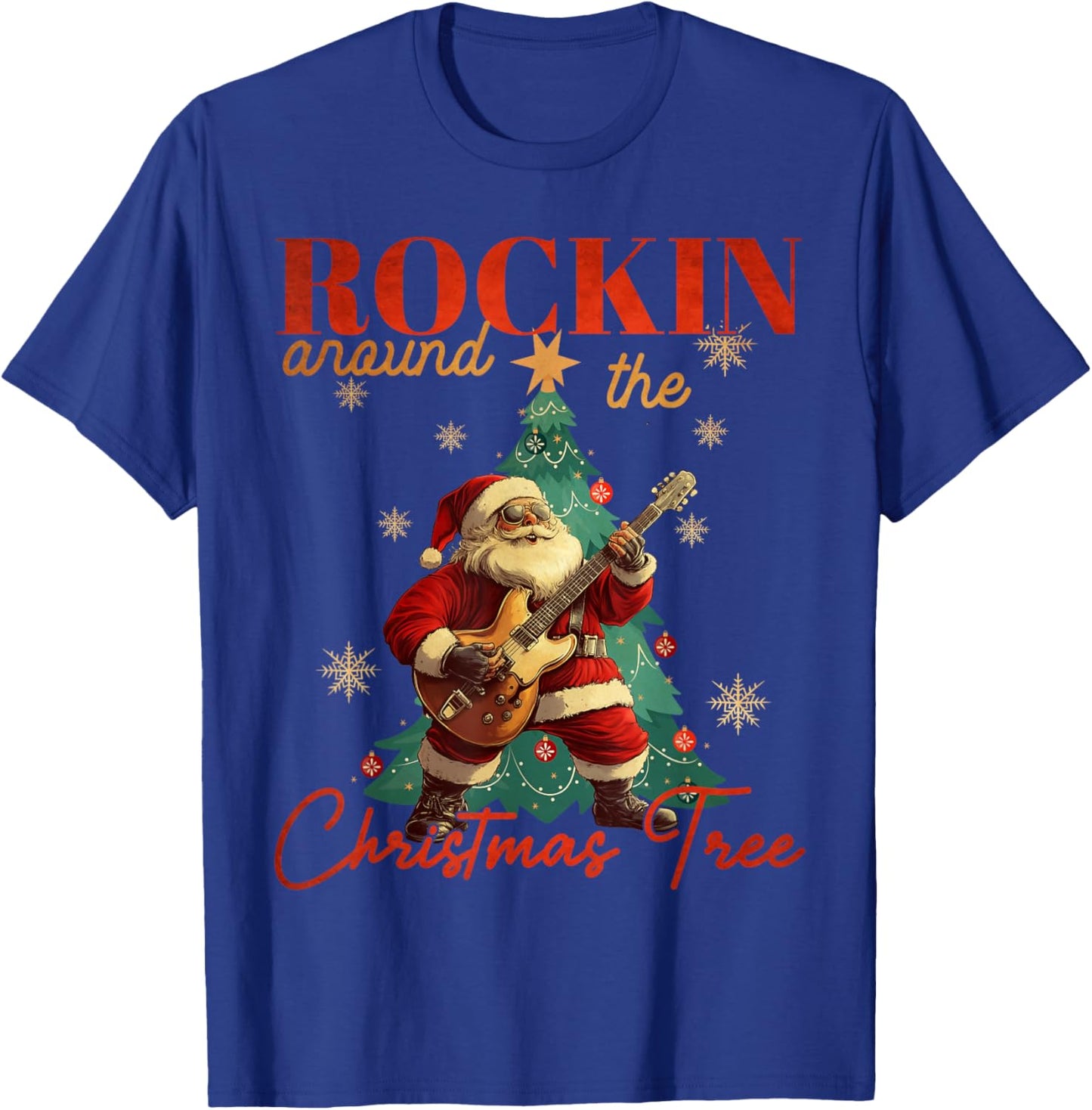 Rocking Around The Christmas Tree Santa Rock and Roll Guitar T-Shirt - T-Shirt | Royal