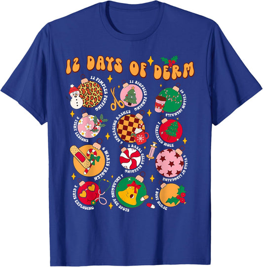 Funny Christmas Dermatology Nurse 12 Days Of Derm Nursing T-Shirt - T-Shirt | Royal