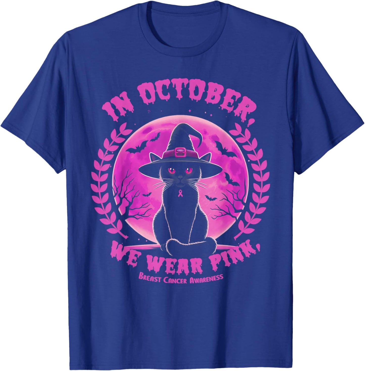 In October We Wear Pink Witch Cat Halloween Breast Cancer T-Shirt - T-Shirt | Royal