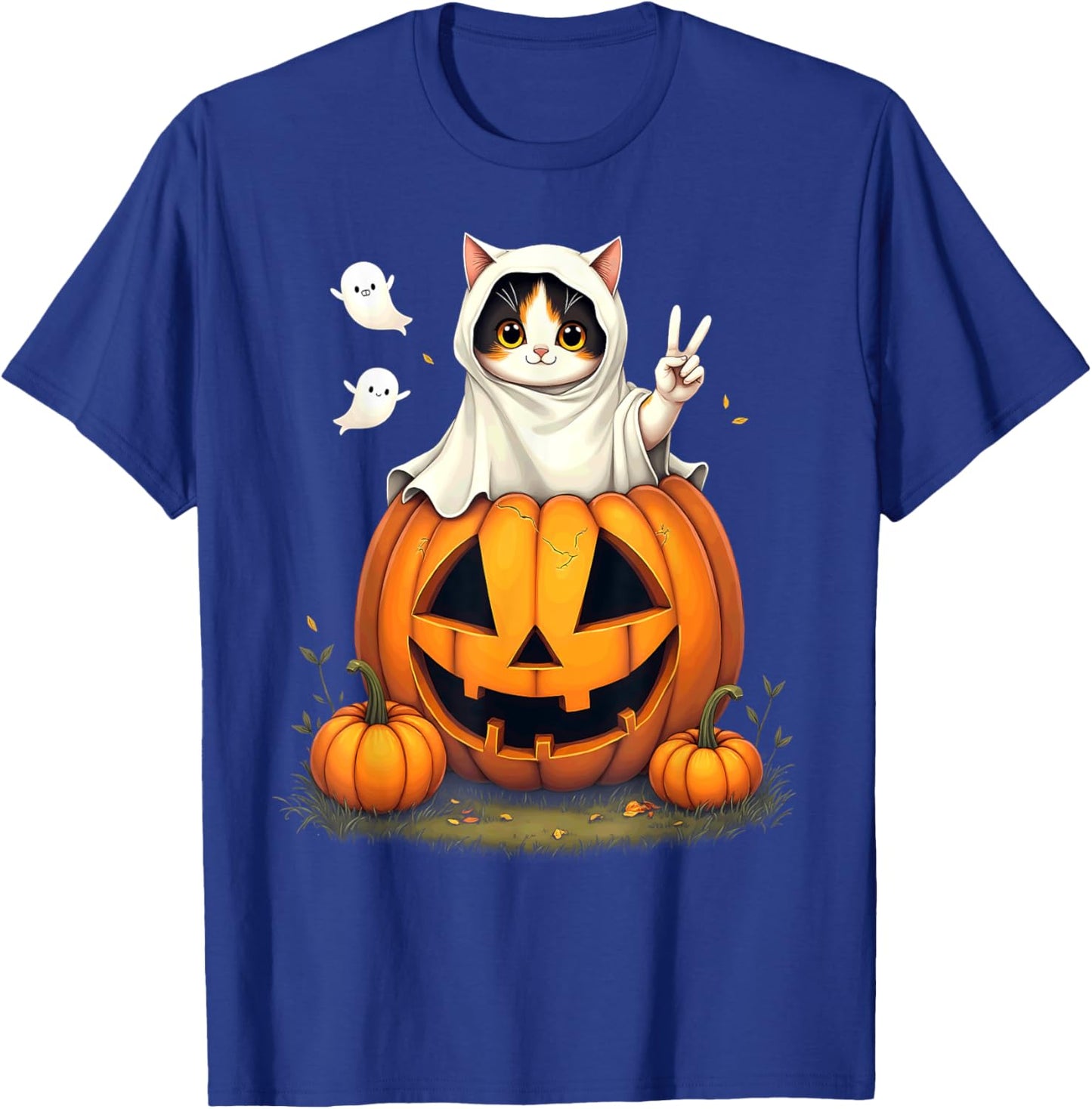 Pumpkin Boo Ghost Calico Cat Halloween Costume Women Kids T-Shirt - T-Shirt | Royal