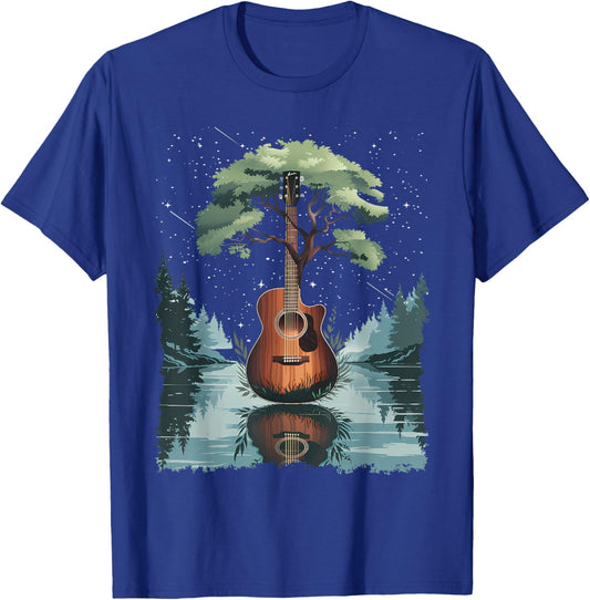 Acoustic Guitar Tree and Moon By The Lake Guitarist T-Shirt - T-Shirt | Royal
