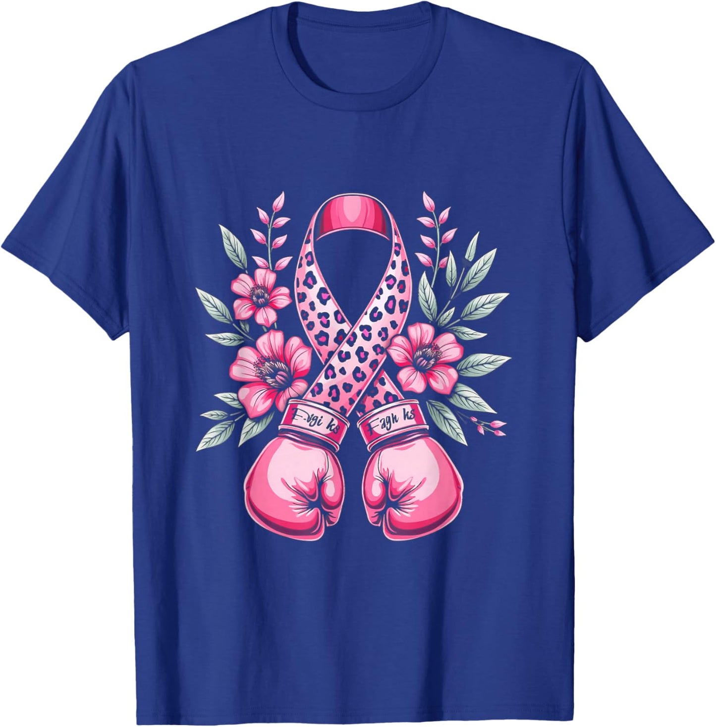 Pink Ribbon Leopard Print Boxing Gloves Breast Cancer Design T-Shirt - T-Shirt | Royal