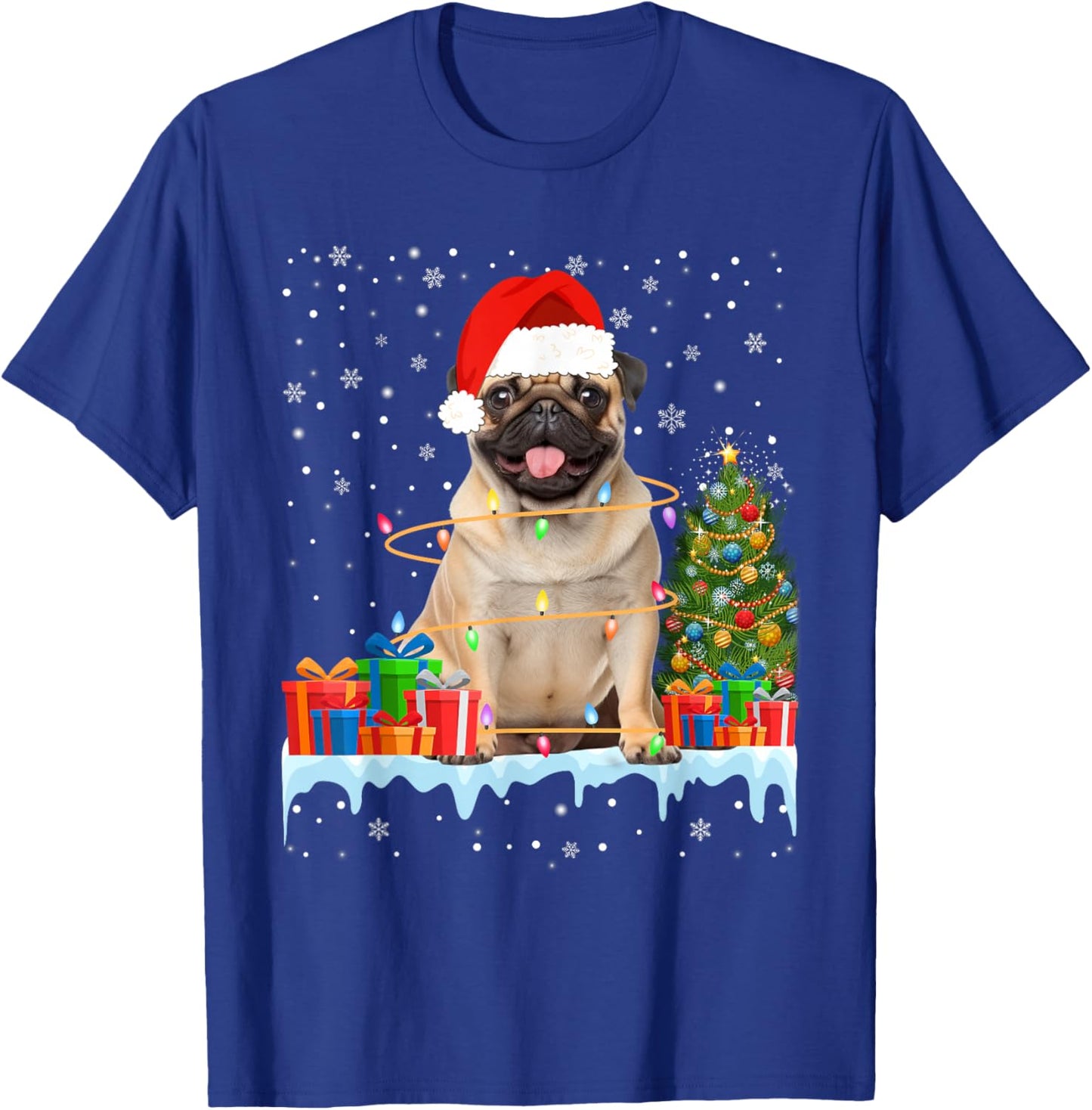 Funny Santa Pug Dog Christmas Lights Xmas Pajamas T-Shirt - T-Shirt | Royal