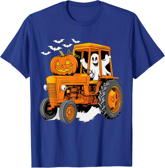 Farmer Tractor Ghost and Pumpkin Halloween Costume T-Shirt - T-Shirt | Royal