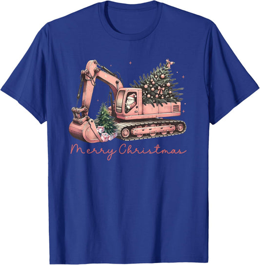 Merry Christmas Construction Excavator Christmas Tree Light T-Shirt - T-Shirt | Royal
