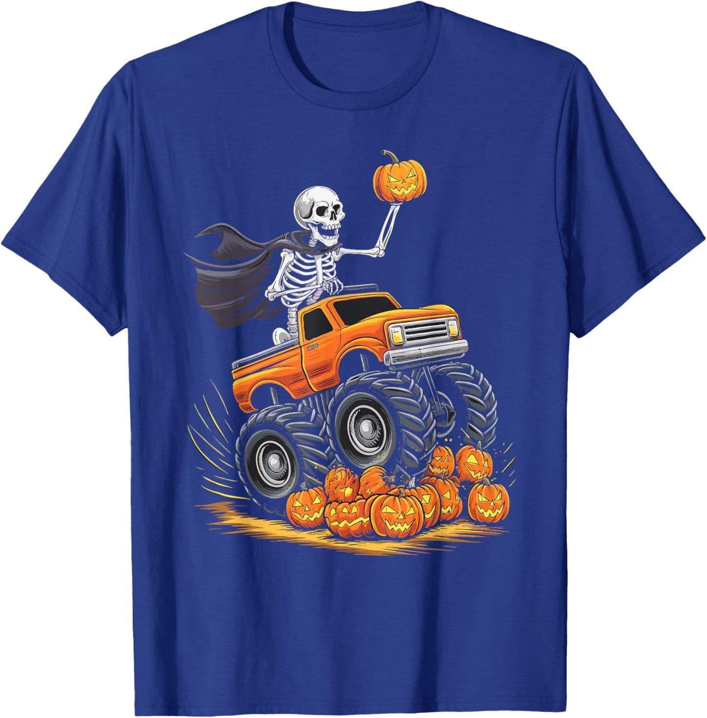 Skeleton Riding Monster Truck Halloween Pumpkin Kids Toddler T-Shirt - T-Shirt | Royal