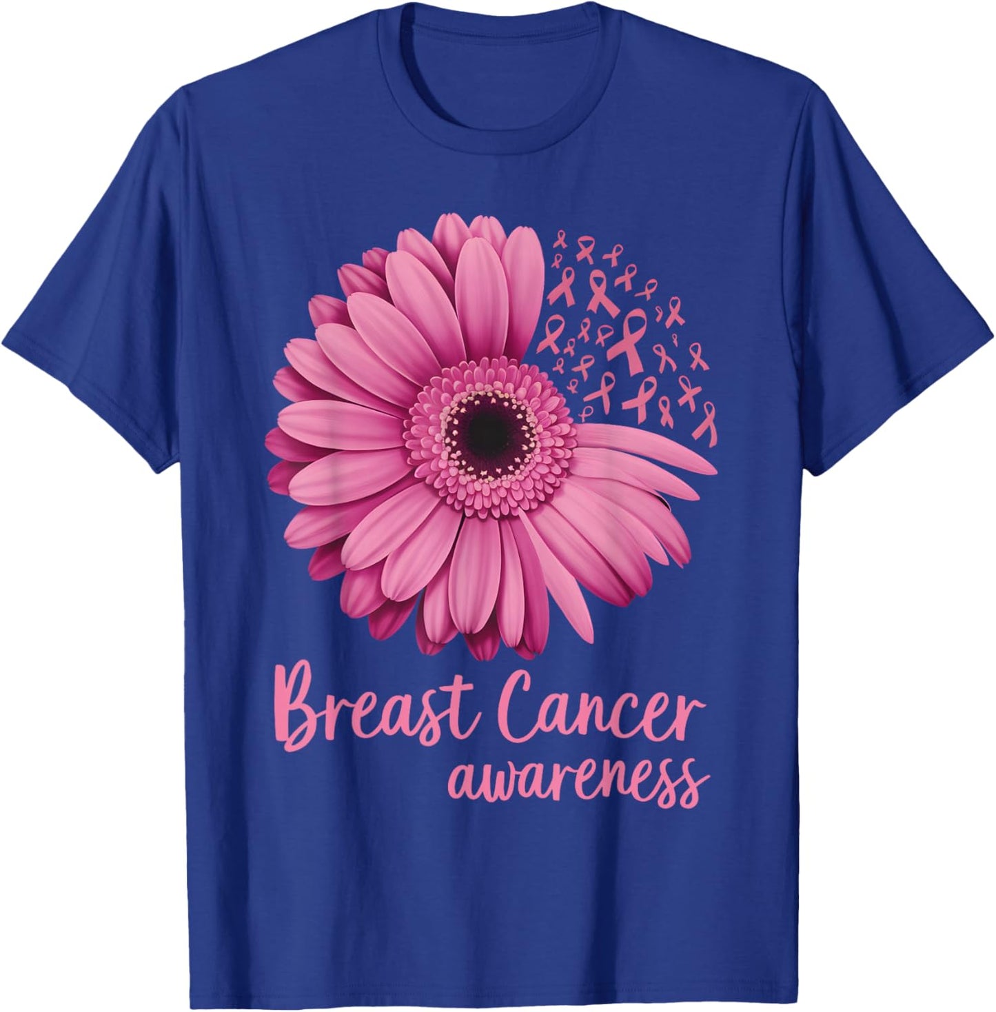 Pink Flower Breast Cancer Awareness Ribbon October Support T-Shirt - T-Shirt | Royal