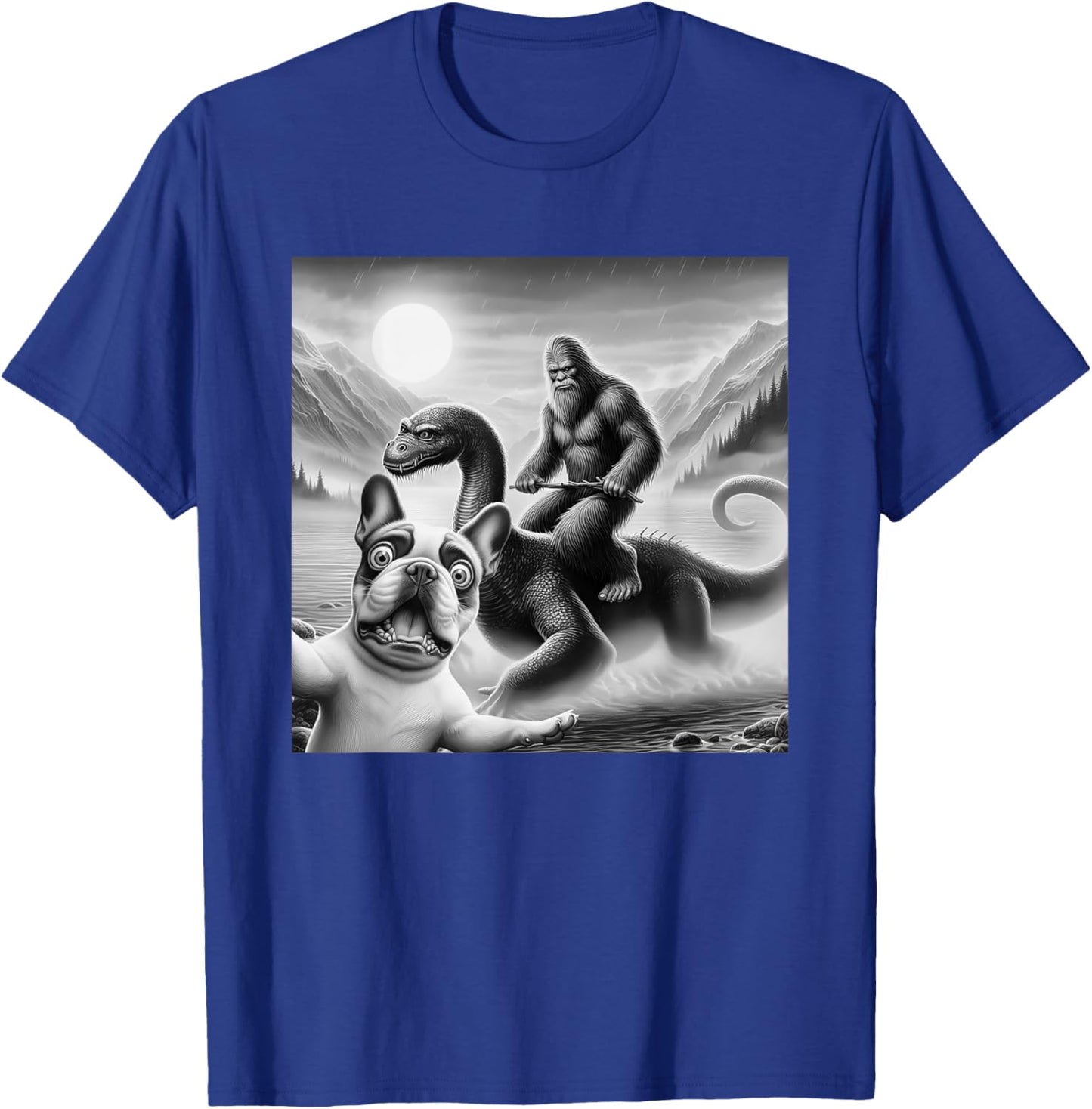 Funny French bulldog Selfie with bigfoot riding loch Ness Women Kids T-Shirt - T-Shirt | Royal