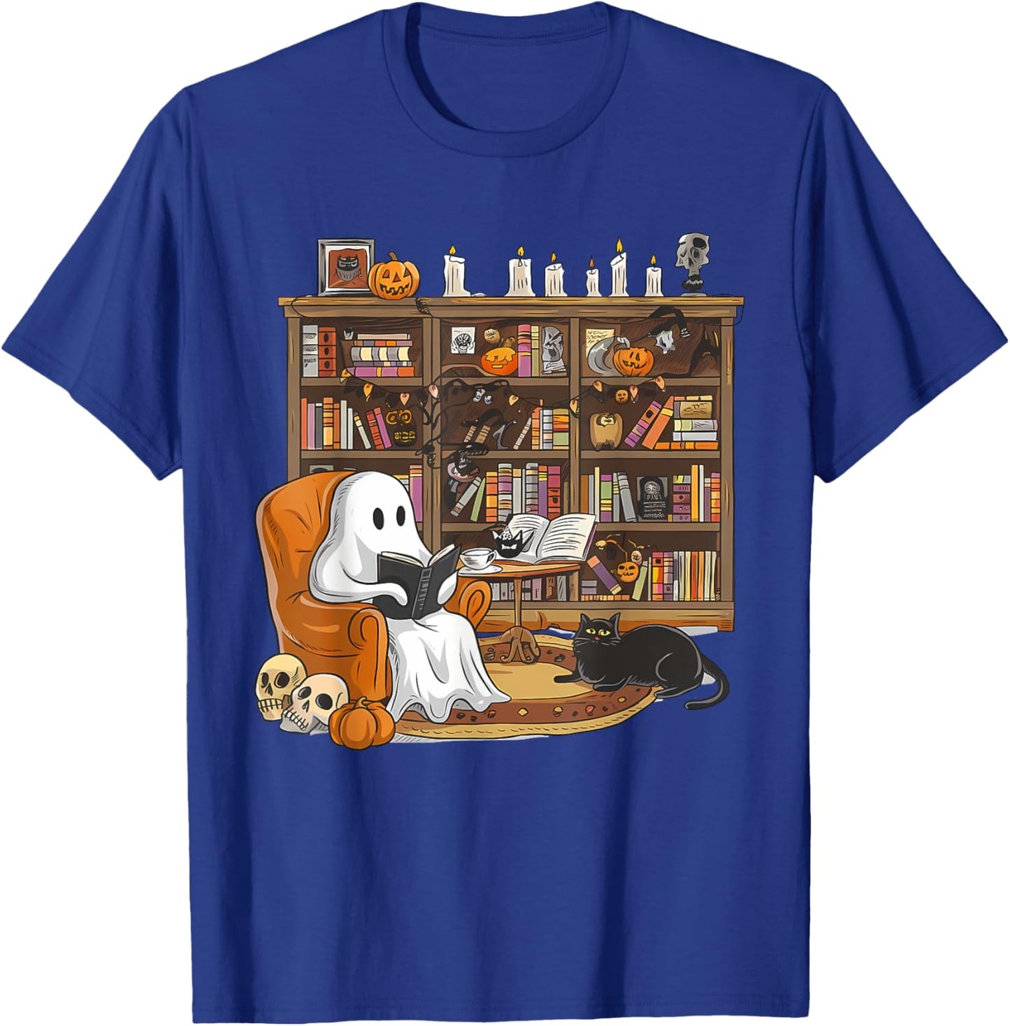 Cute Ghost Reading Books with Black Cat Halloween Book lover Women Kids T-Shirt - T-Shirt | Royal