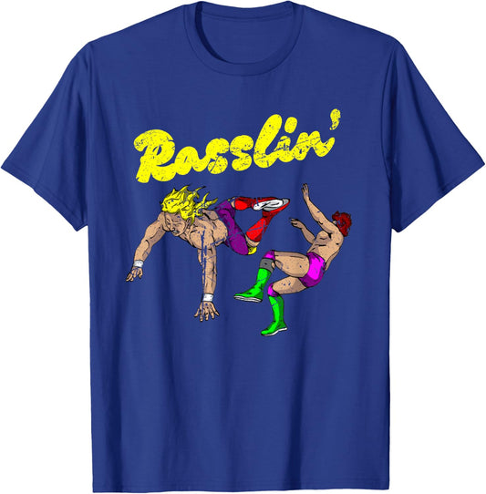Masked Designer Vintage Grunge Rasslin' Pro Wrestling Fan - Black - -Adults & Kids - Short Sleeve - - Wrestling Fan T-Shirt - T-Shirt | Royal