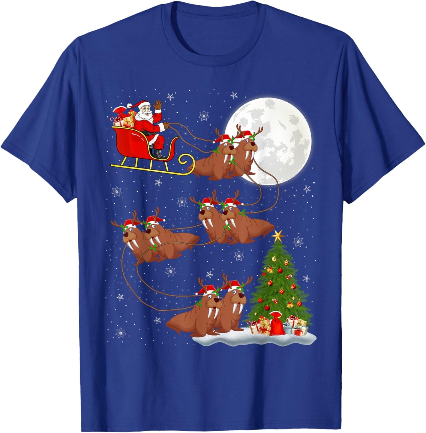Xmas Tree Lights Funny Santa Riding Walrus Christmas T-Shirt - T-Shirt | Royal
