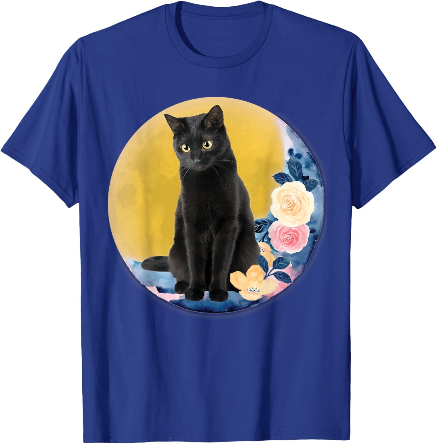 Cute Cat Motif Cat On Crescent Moon With Flowers Moonlight Men Women Kids T-Shirt - T-Shirt | Royal