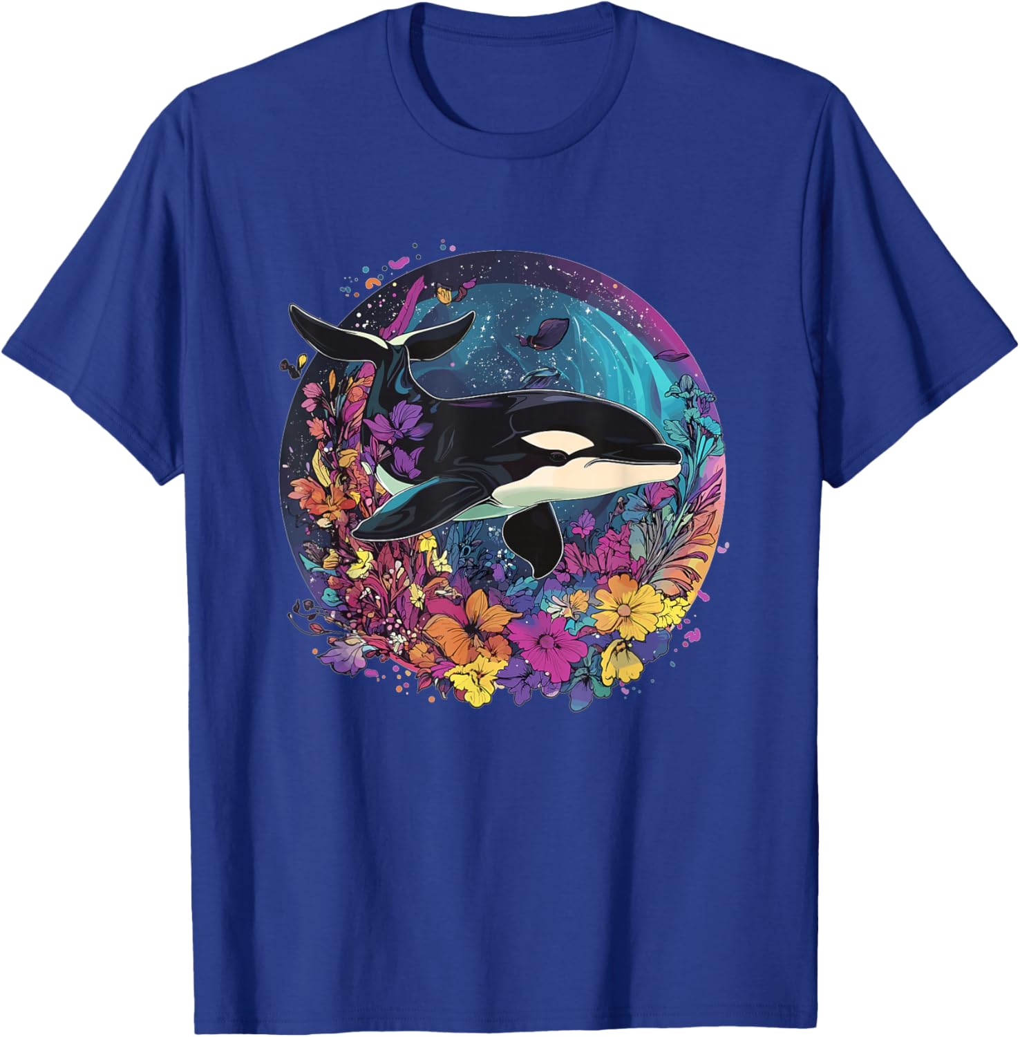 Orca Whale Surrounded By Vibrant Flowers T-Shirt - T-Shirt | Royal