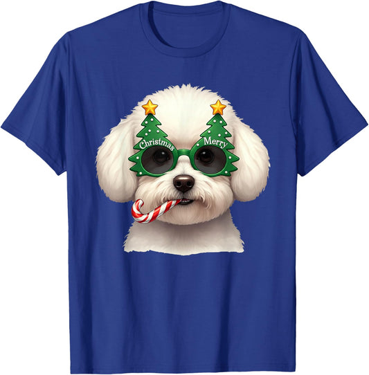Christmas Tree Sunglasses Bichon Frise Candy Cane Men Women T-Shirt - T-Shirt | Royal