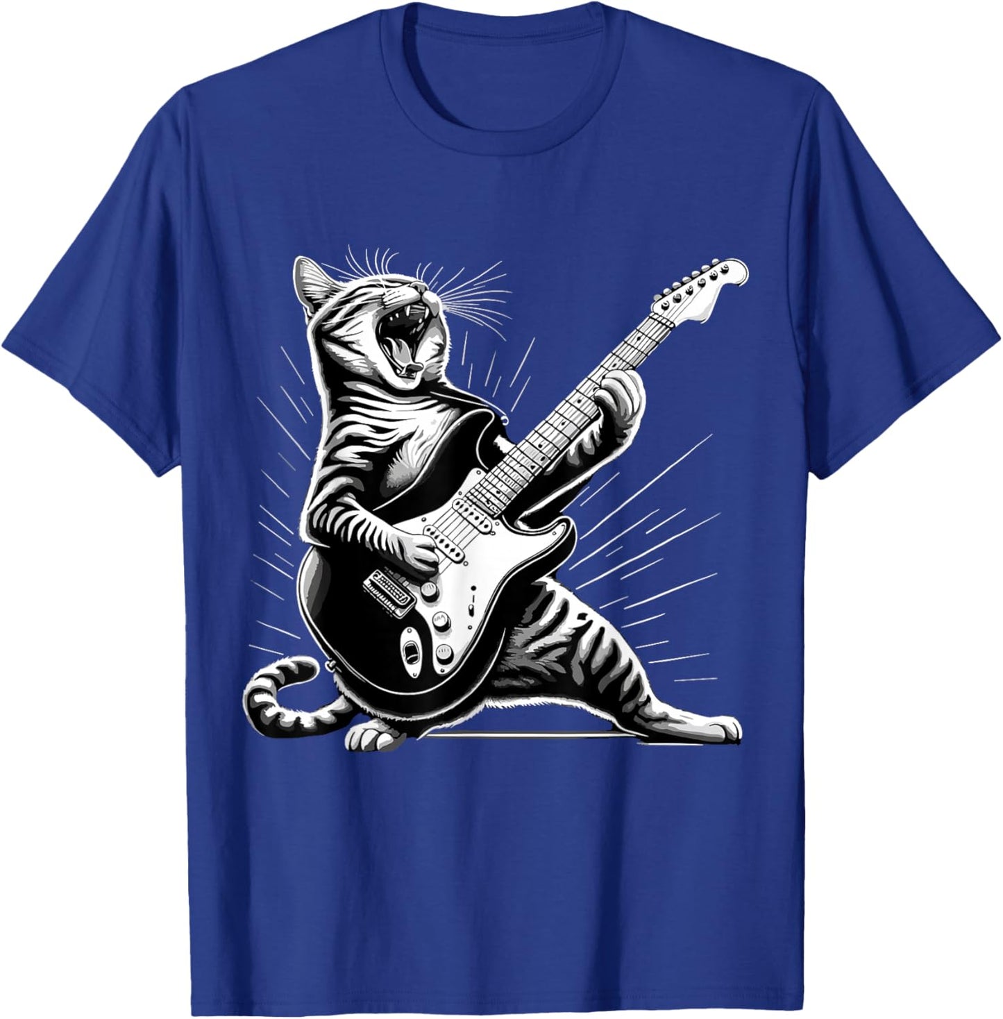 Humorous Gifts for Guitarist Rock and Roll Cat Playing Guitar T-Shirt - T-Shirt | Royal
