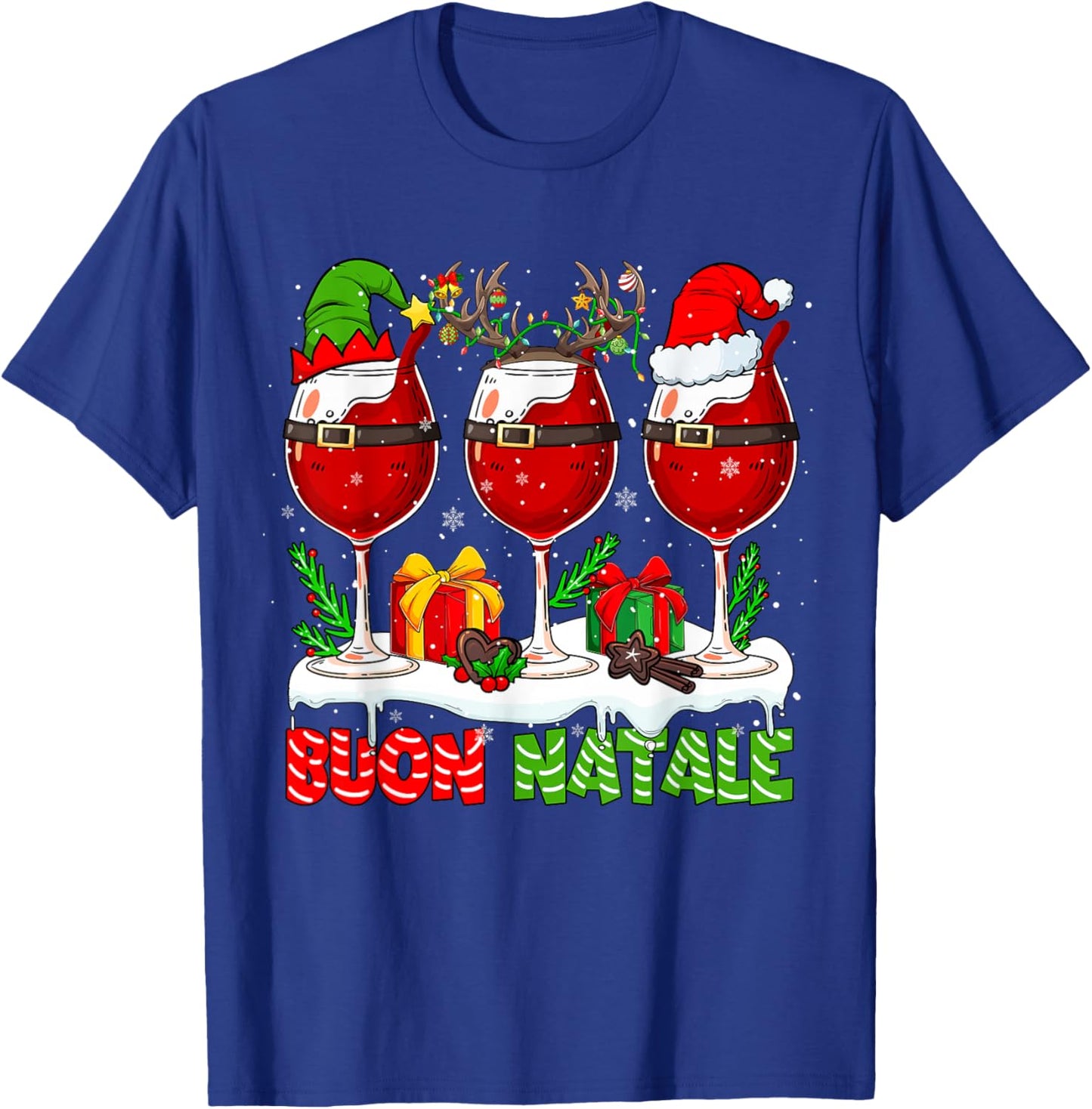 Buon Natale Merry Christmas Italian Three Santa Wine Glasses T-Shirt - T-Shirt | Royal