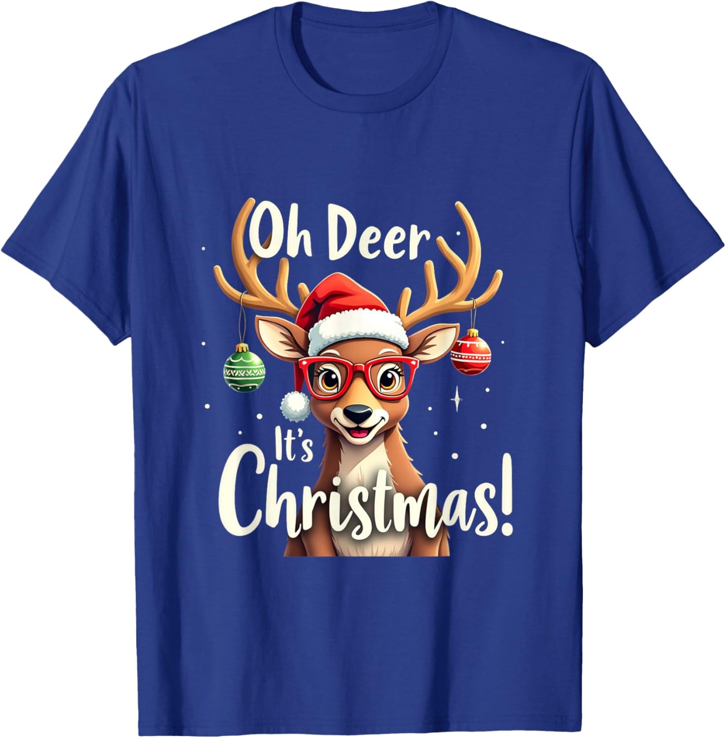 Oh Deer It's Christmas with Santa Hat and Glasses T-Shirt - T-Shirt | Royal