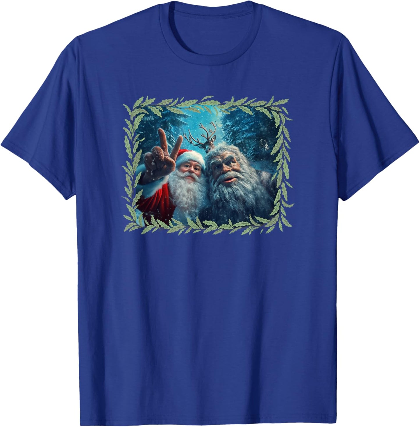 Funny Bigfoot Santa Selfie With Reindeer Sasquatch Bigfoot T-Shirt - T-Shirt | Royal