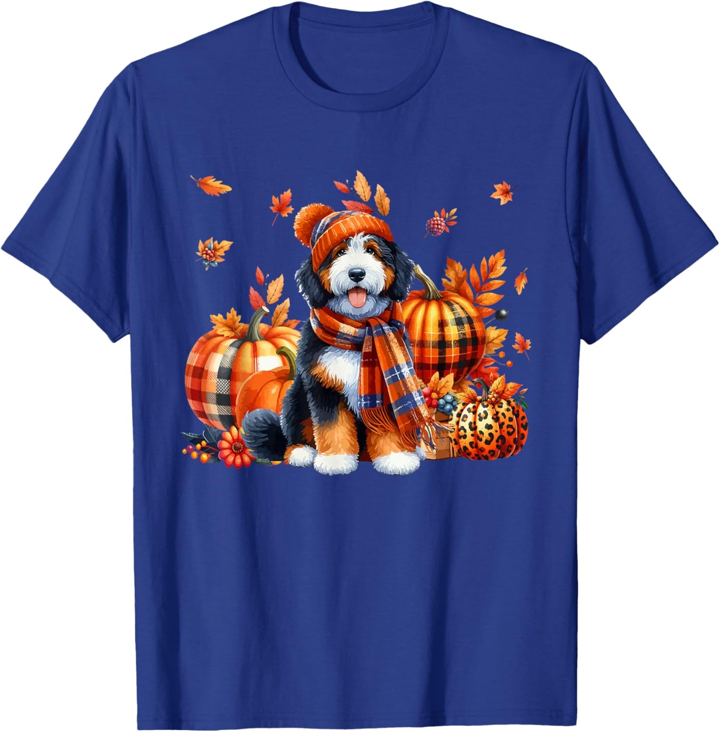 Bernedoodle Thanksgiving Leopard Pumpkins Fall Leaves Lover T-Shirt - T-Shirt | Royal