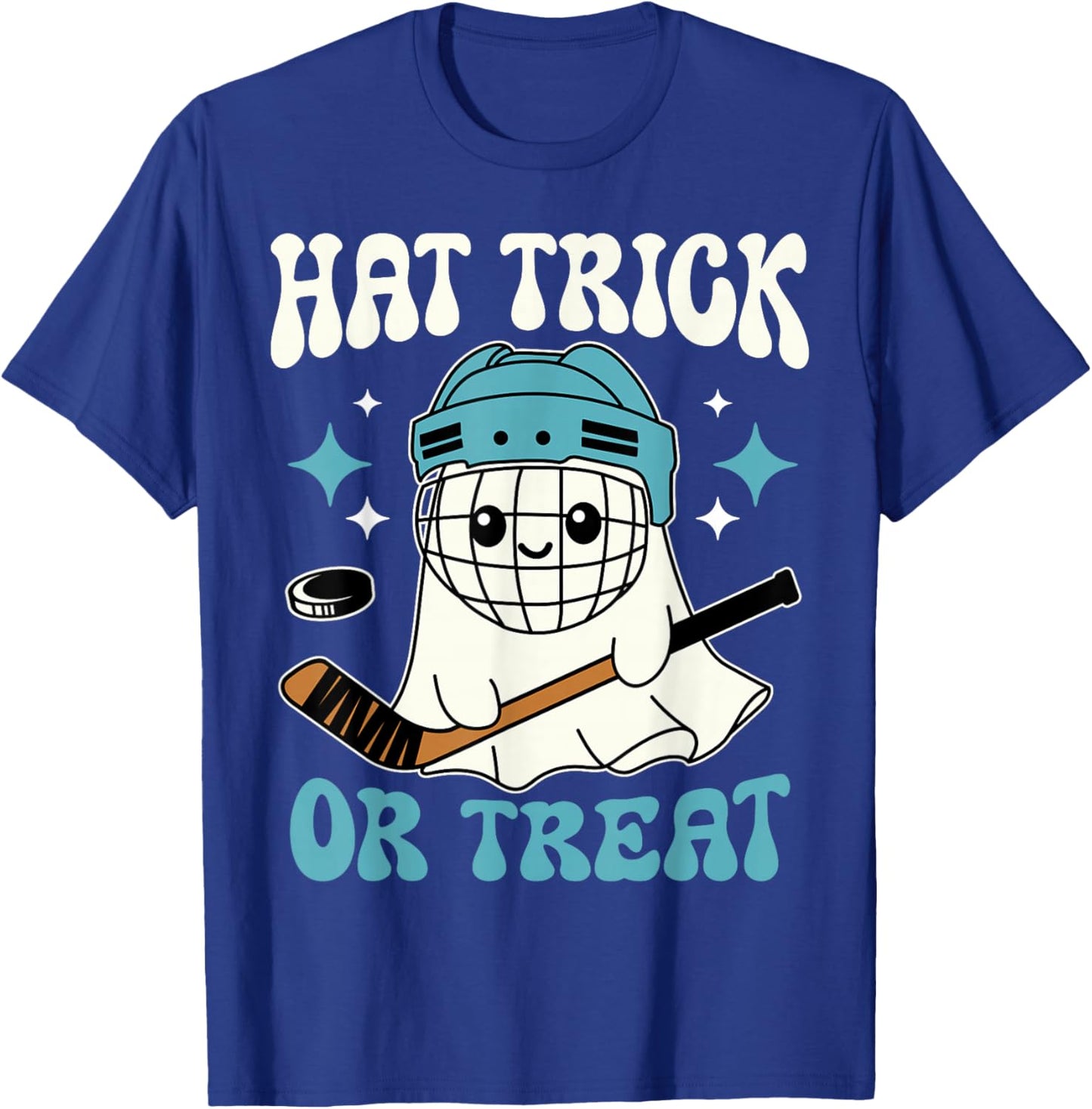 Hat Trick Or Treat Halloween Ice Hockey Player Ghost Hockey T-Shirt - T-Shirt | Royal