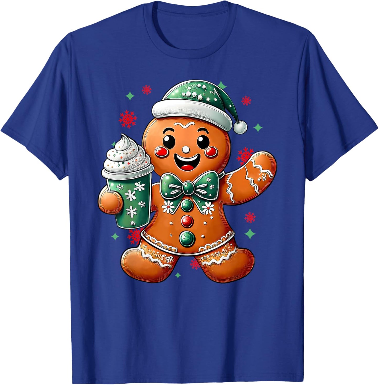 Cute Gingerbread Drinking Coffee Latte Lover Merry Christmas T-Shirt - T-Shirt | Royal