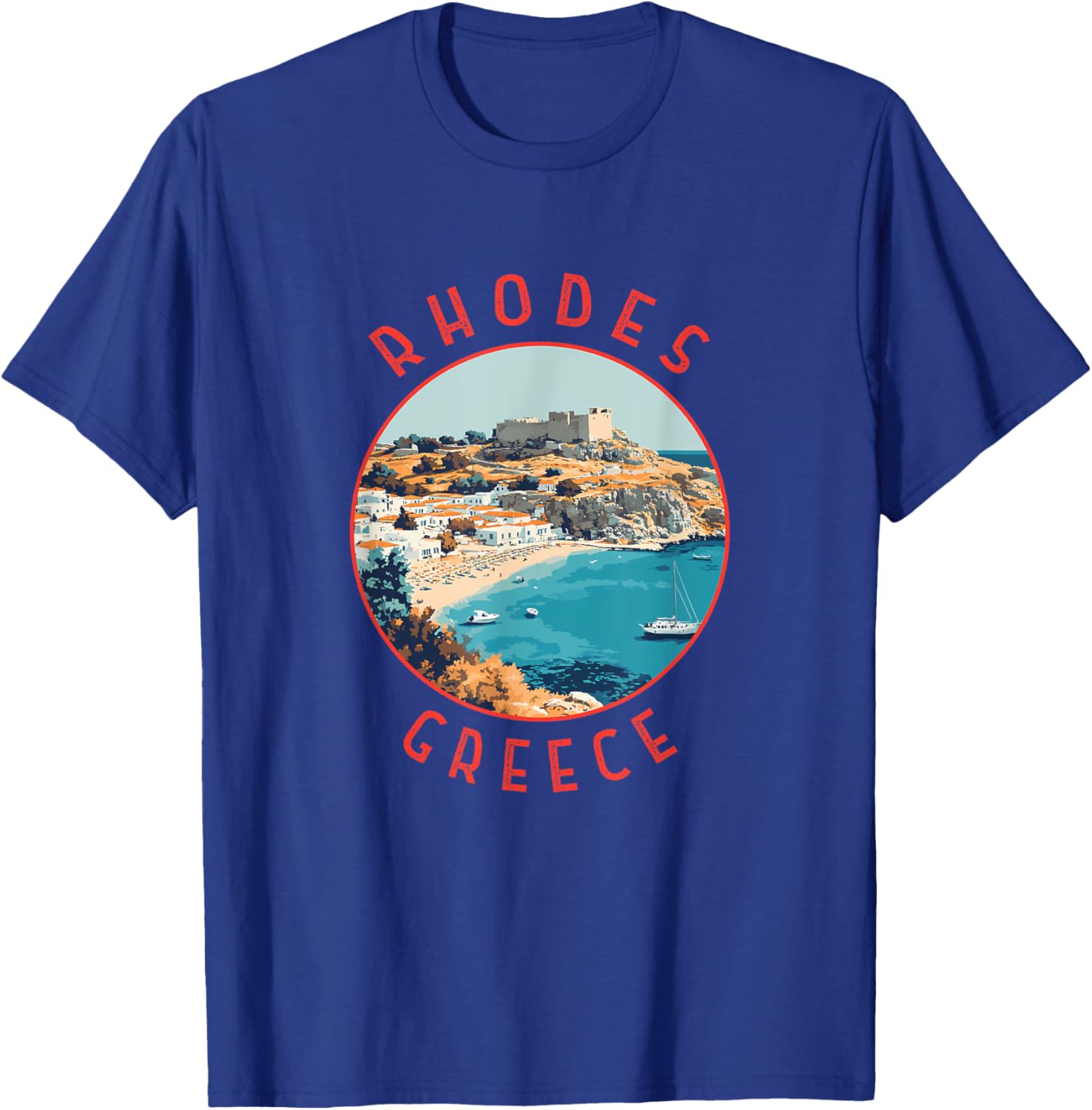 Rhodes Greece Retro Distressed Circle T-Shirt - T-Shirt | Royal