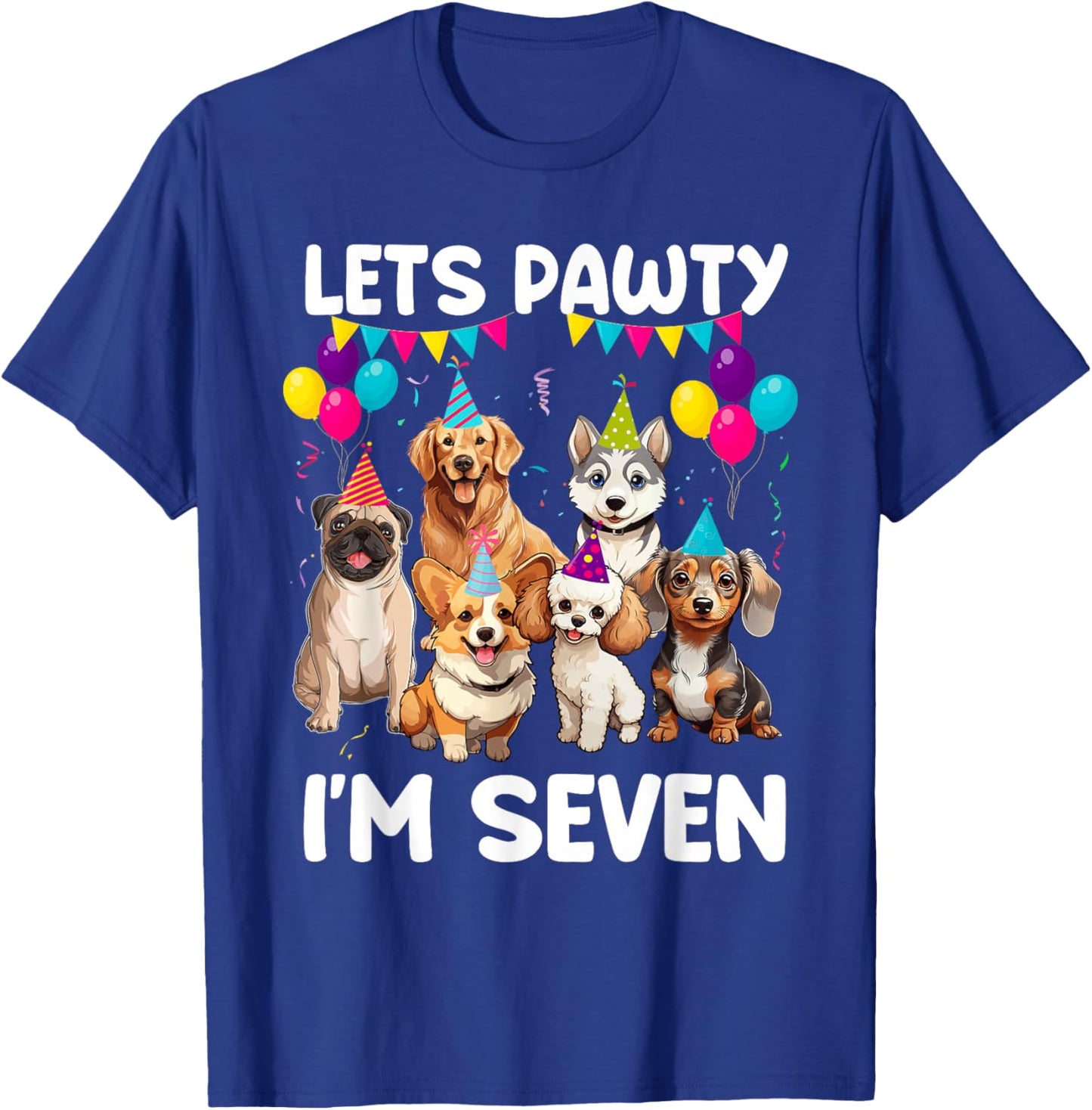 Lets Pawty I'm Seven 7th Birthday Dogs Lover 7 Years Old T-Shirt - T-Shirt | Royal