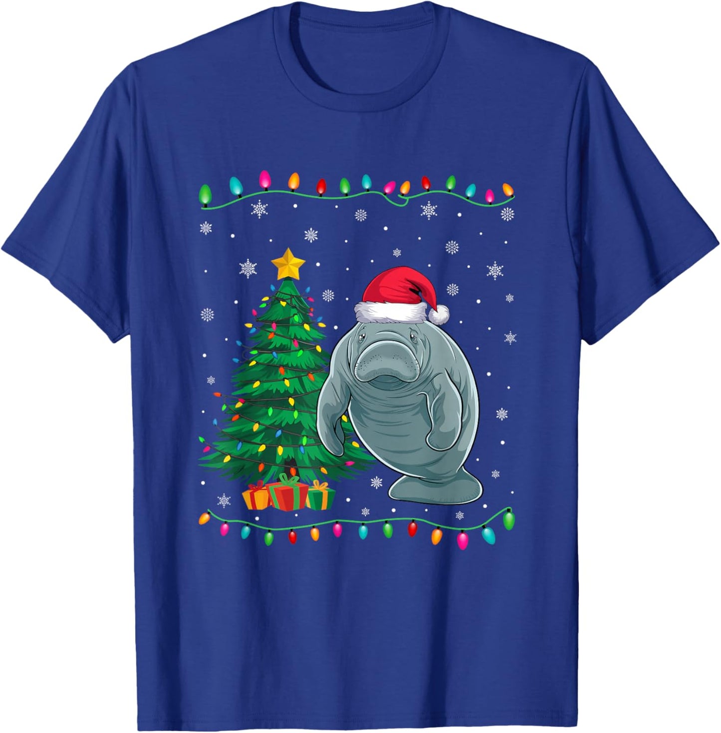 Manatee Santa Hat Men Women Kids Christmas Tree Lights T-Shirt - T-Shirt | Royal