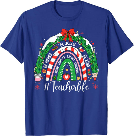 Teacher Life Christmas Rainbow Pencil Student School Xmas T-Shirt - T-Shirt | Royal