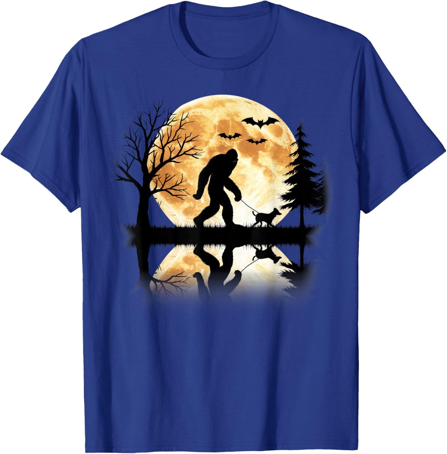 Bigfoot Walking With Dog Funny Halloween Moon T-Shirt - T-Shirt | Royal