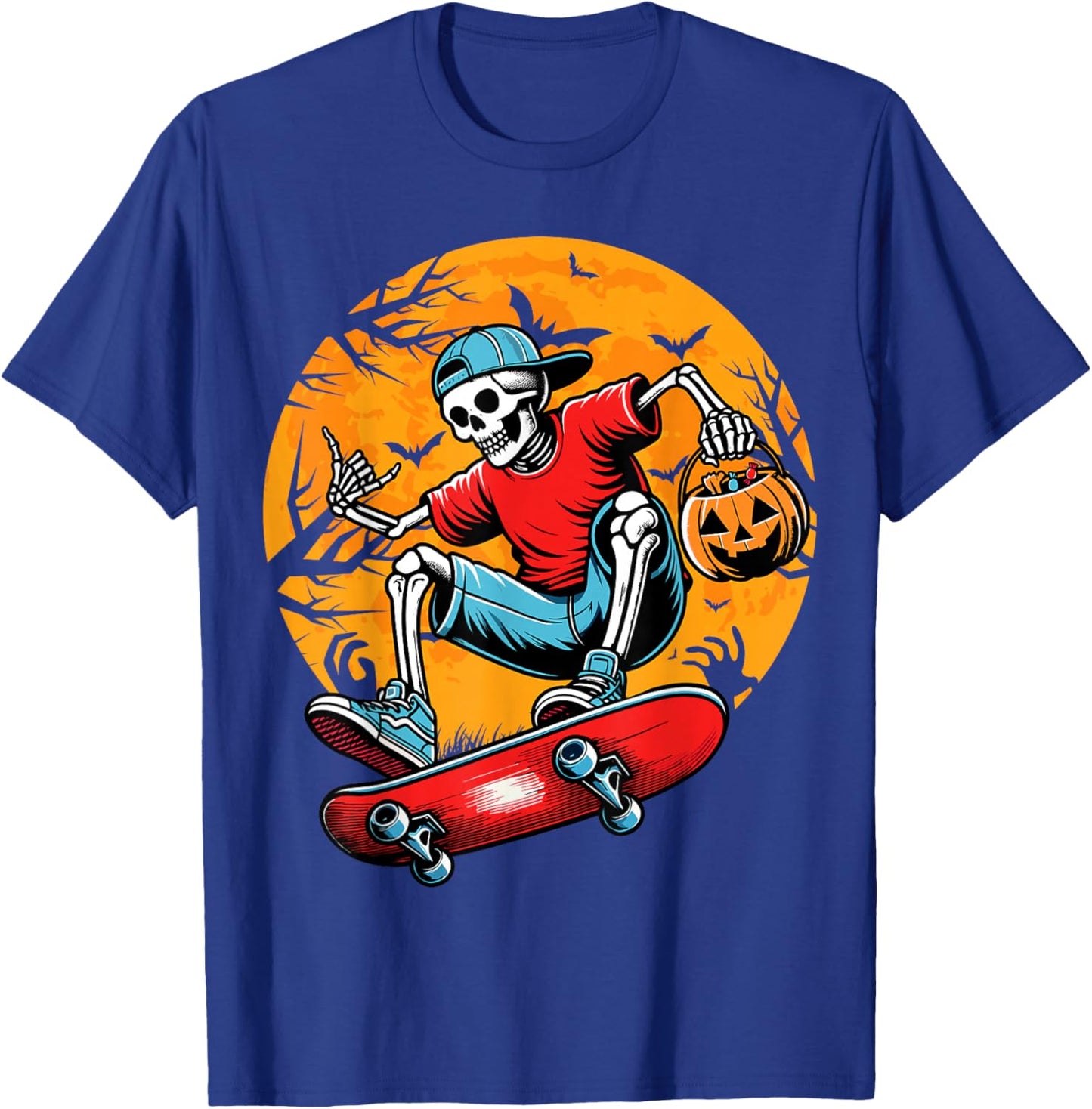 Skateboarding Skeleton Pumpkin Funny Skateboard Halloween T-Shirt - T-Shirt | Royal