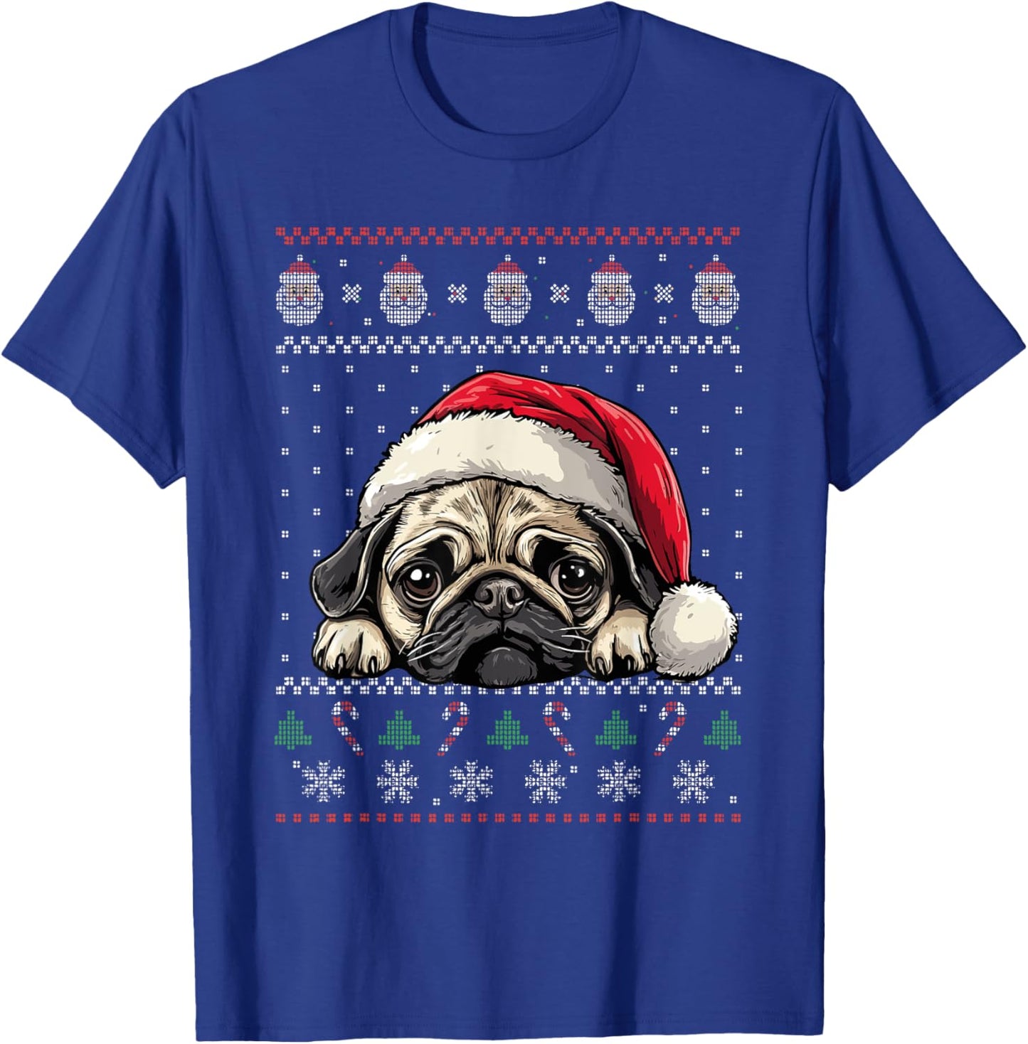 Ugly Christmas Sweater Pug Santa Hat Dog Lover Art T-Shirt - T-Shirt | Royal