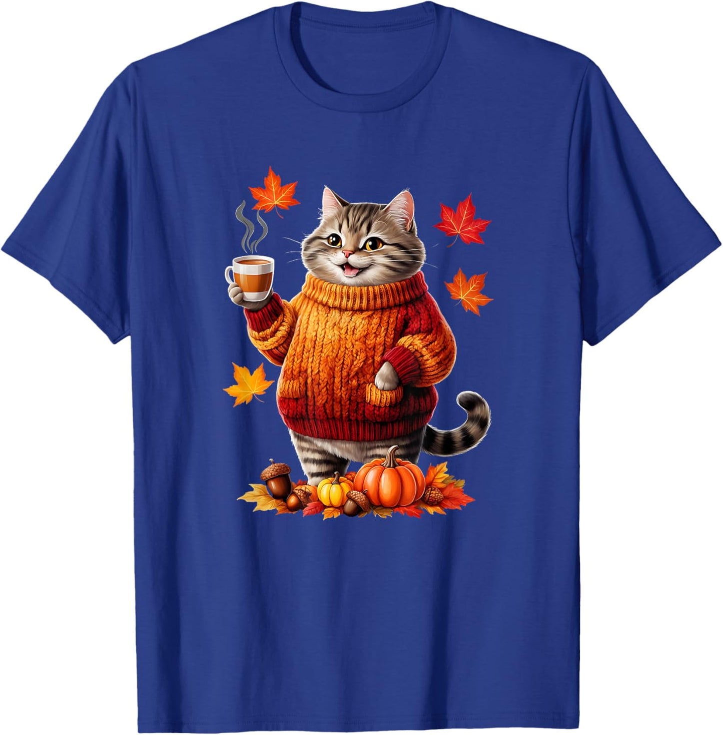 Cozy Cat With Sweater Funny Fall Graphic Women Girls Kids T-Shirt - T-Shirt | Royal