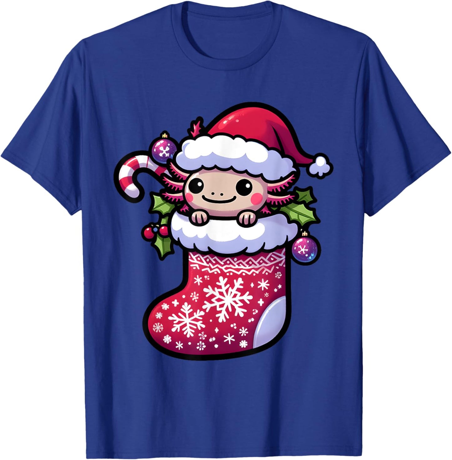 Cute Christmas Candy Cane Santa Axolotl in Xmas Stocking T-Shirt - T-Shirt | Royal